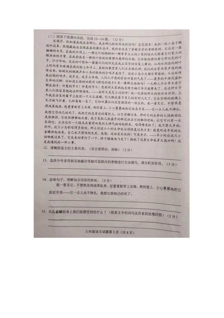山东省菏泽市东明县 八年级语文下学期第二次月考试卷北师大版试卷_第3页