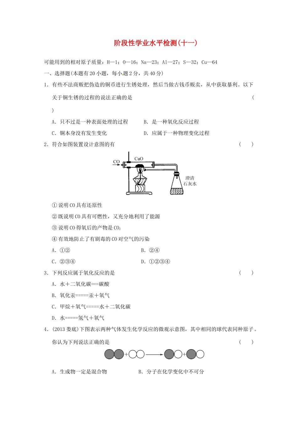 中考科学专题复习 阶段性学业水平检测(十一)试卷_第1页