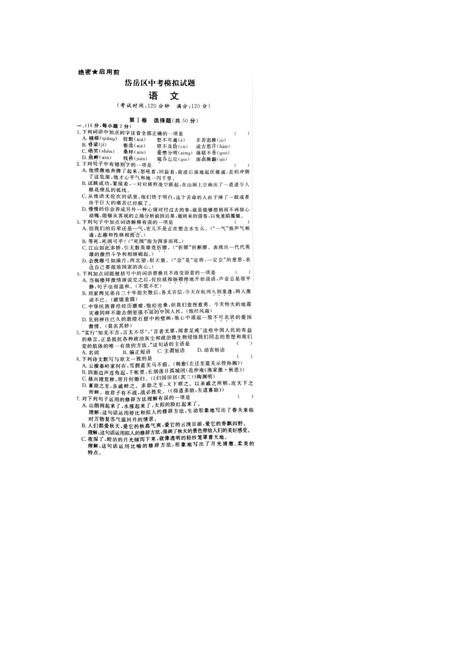 山东省泰安市岱岳区中考语文模拟试卷试卷_第1页