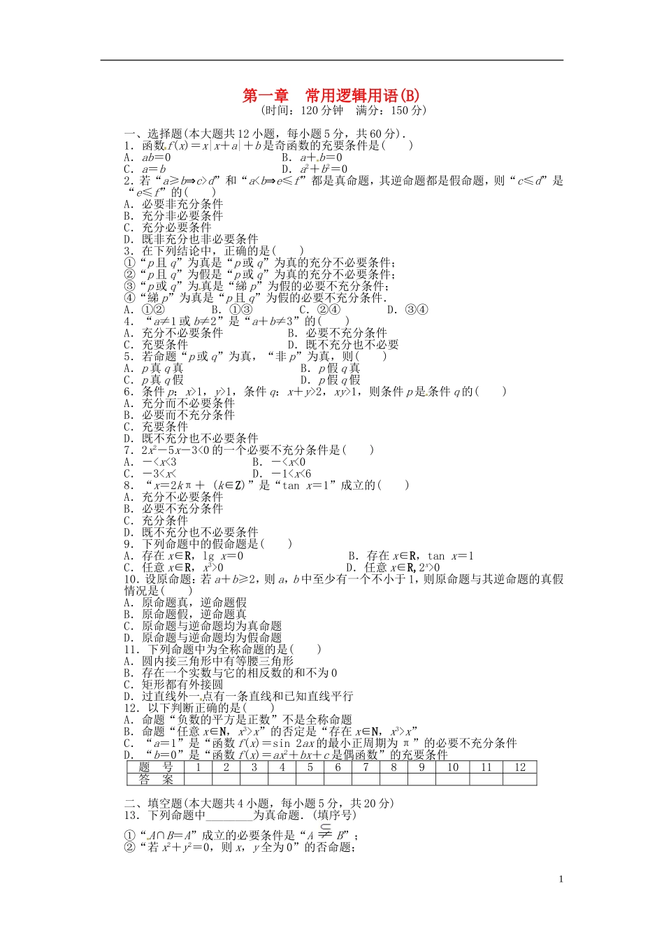 高中数学 第一章 常用逻辑用语单元检测（B）（含解析）北师大版选修1-1-北师大版高二选修1-1数学试题_第1页