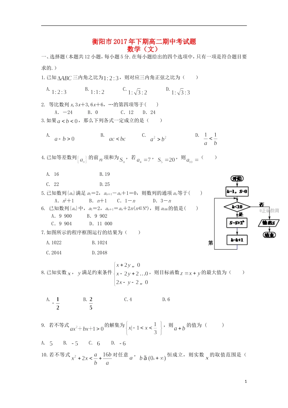 湖南省衡阳市高二数学上学期期中试题 文-人教版高二全册数学试题_第1页