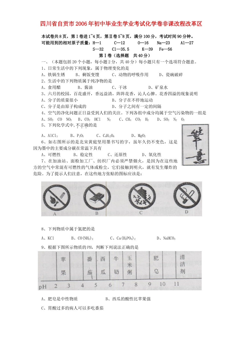 初中毕业生学业考试化学卷非课改程改革区 试题_第1页