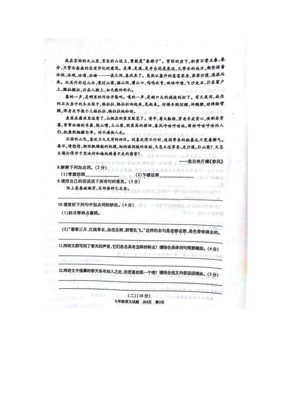 山东省滕州市七年级语文下学期期中试卷新人教版试卷_第3页