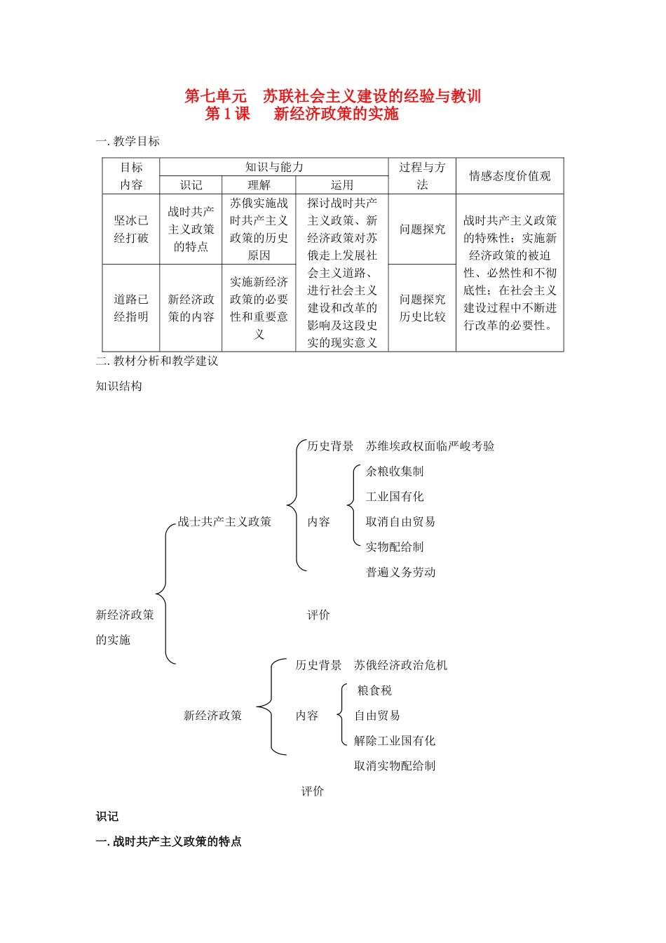 高中历史 《新经济政策的实施》知识点分解与习题 新人教版必修2_第1页