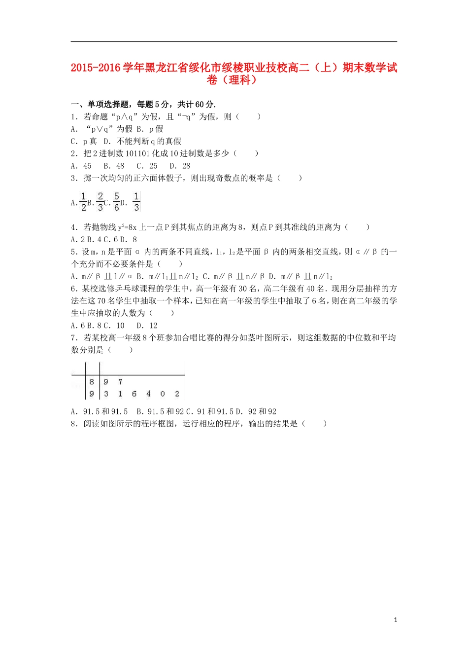 黑龙江省绥化市绥棱职业技校高二数学上学期期末试卷 理（含解析）-人教版高二全册数学试题_第1页