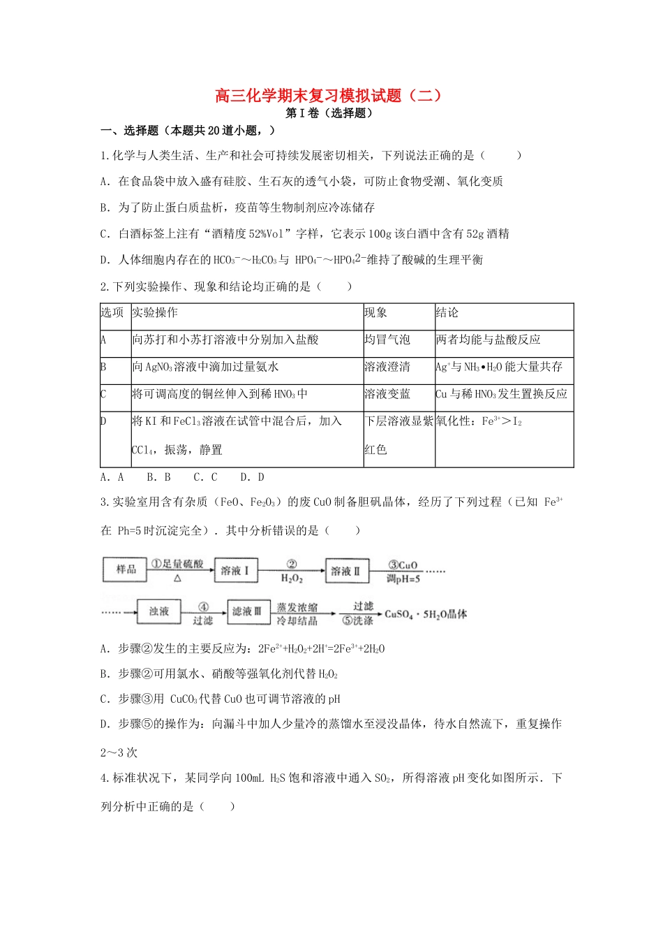 山东省滕州市高三化学期末复习模拟试题（二）-人教版高三全册化学试题_第1页