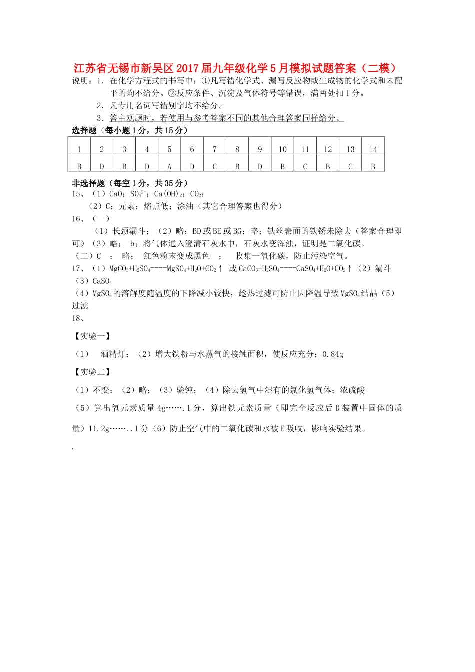 九年级化学5月模拟试卷答案(二模) 060816_第1页