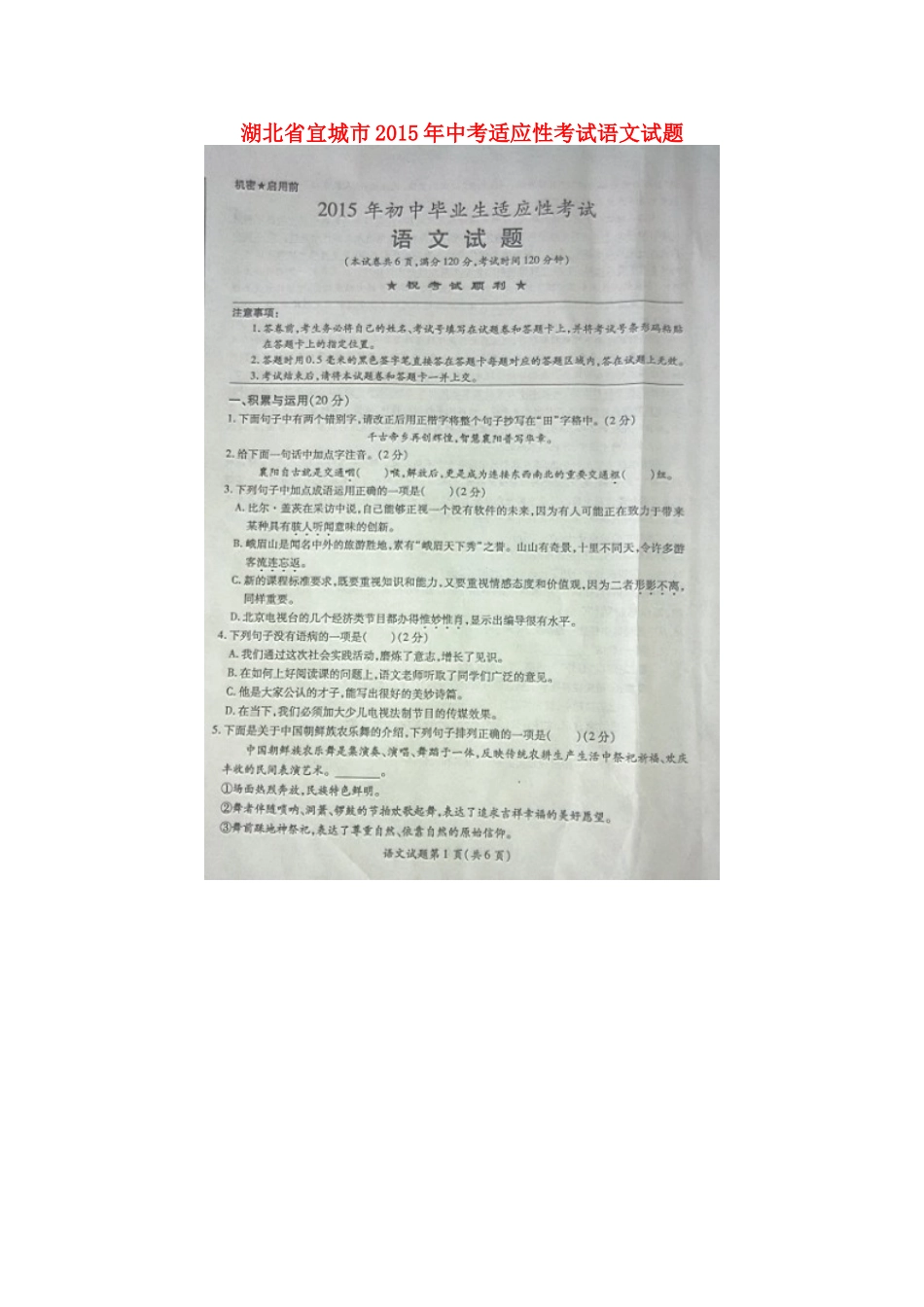 中考语文5月适应性考试试卷试卷_第1页
