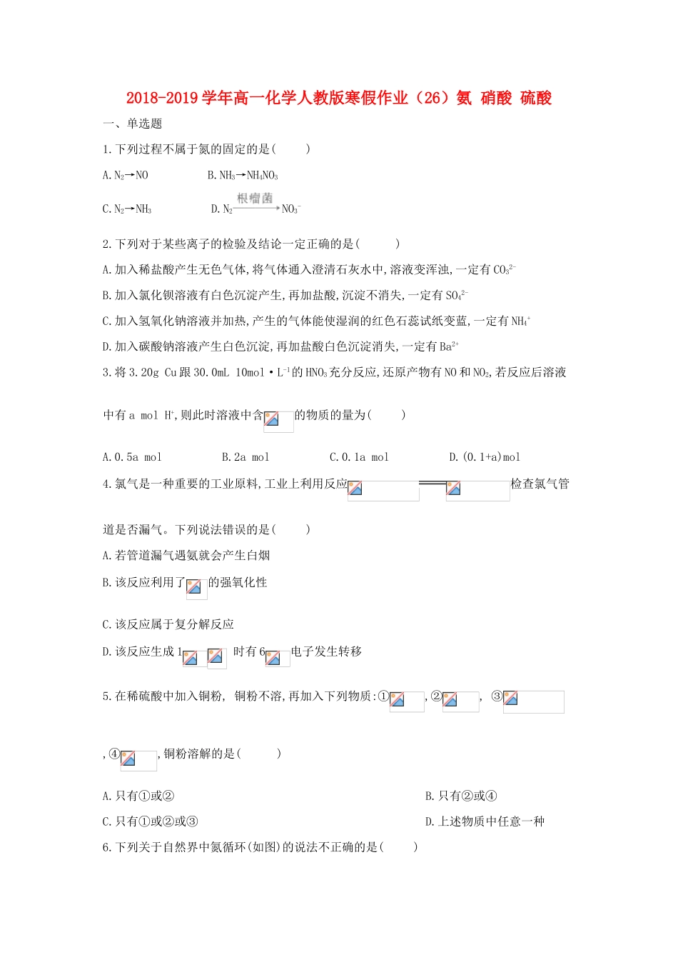 高一化学寒假作业（26）氨 硝酸 硫酸（含解析）新人教版-新人教版高一全册化学试题_第1页