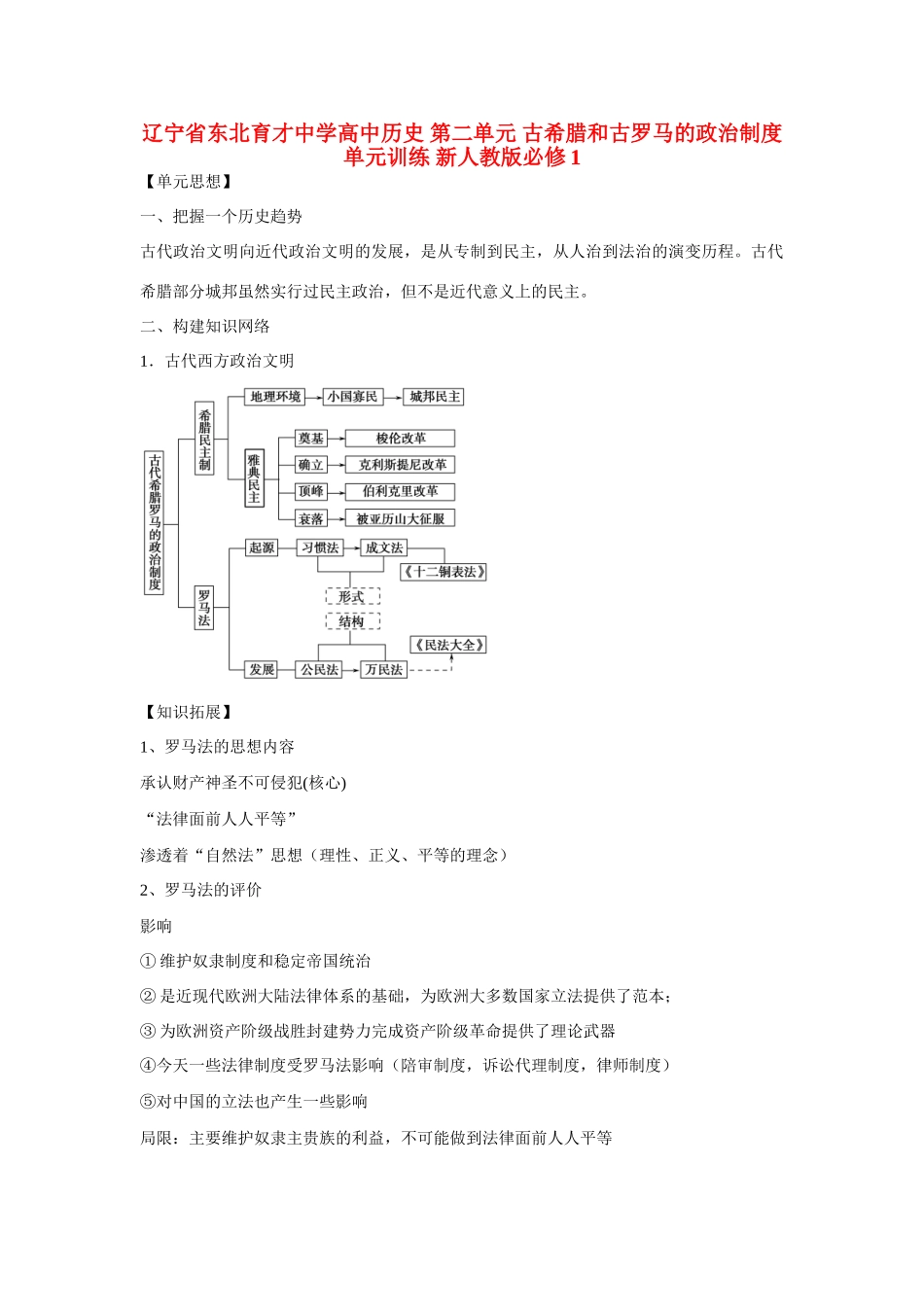 辽宁省东北育才中学高中历史 第二单元 古希腊和古罗马的政治制度单元训练 新人教版必修1_第1页