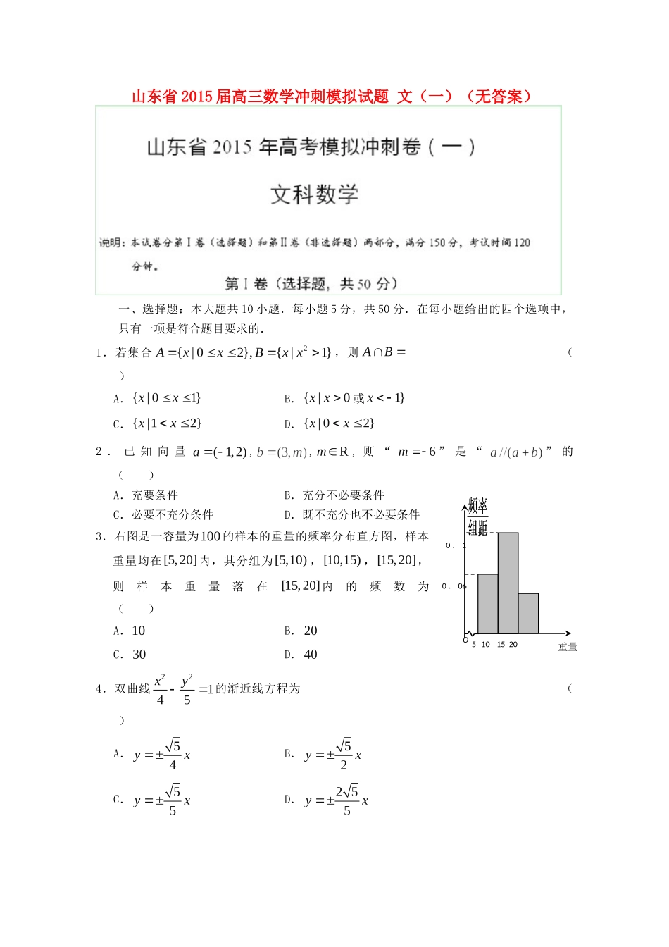 山东省高三数学冲刺模拟试卷 文(一)试卷_第1页
