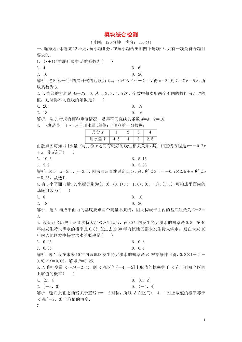 高中数学 模块综合检测 新人教B版选修2-3-新人教B版高二选修2-3数学试题_第1页