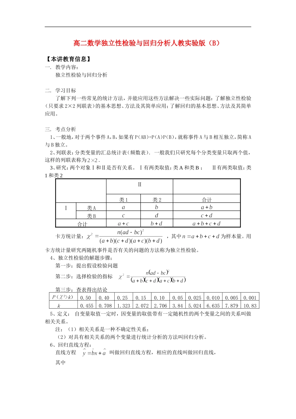 高二数学独立性检验与回归分析人教实验版（B）知识精讲_第1页