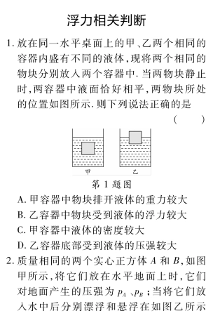 中考物理总复习 重难题型补充题库 浮力相关判断(pdf)试卷