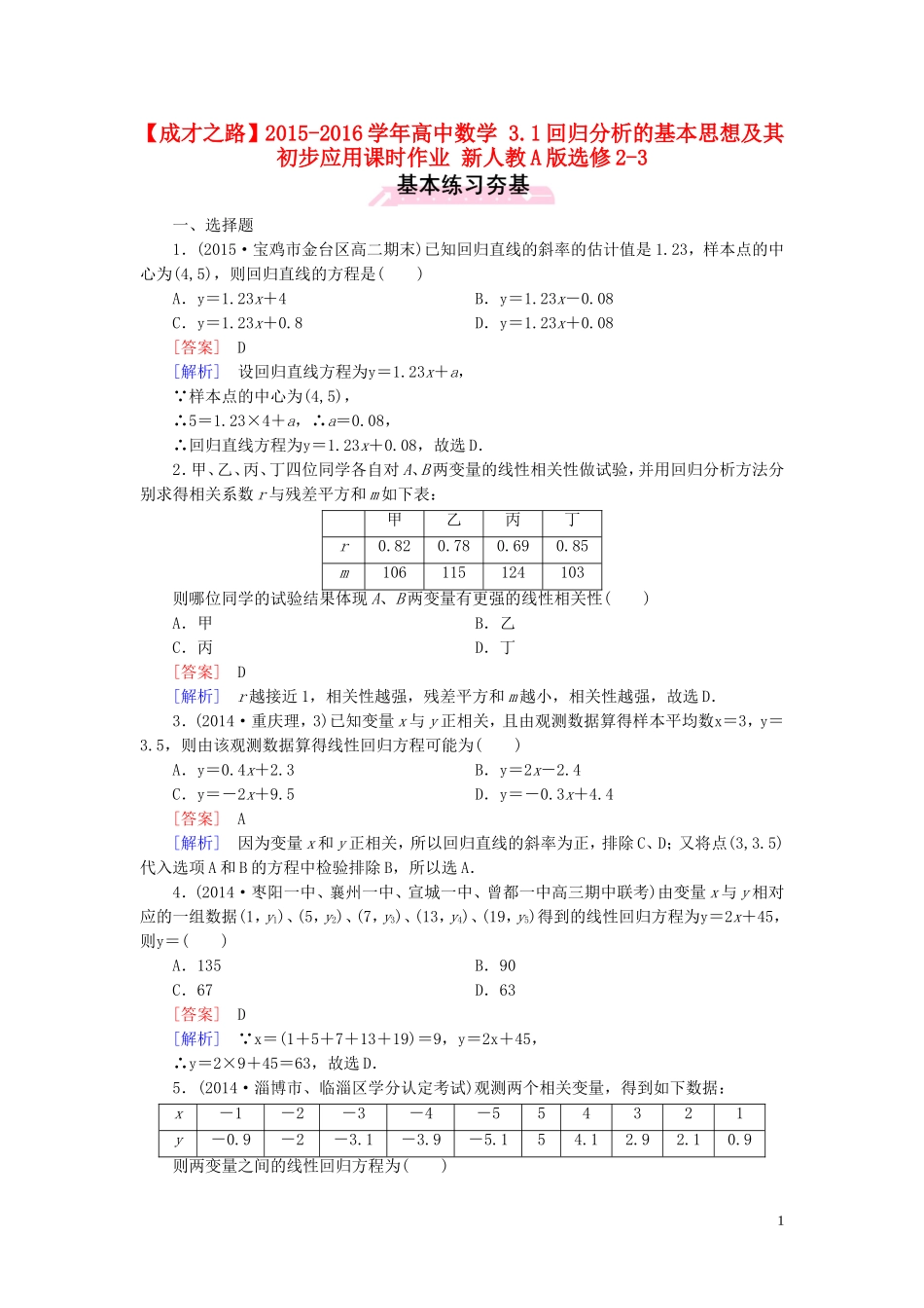 高中数学 3.1回归分析的基本思想及其初步应用课时作业 新人教A版选修2-3-新人教A版高二选修2-3数学试题_第1页