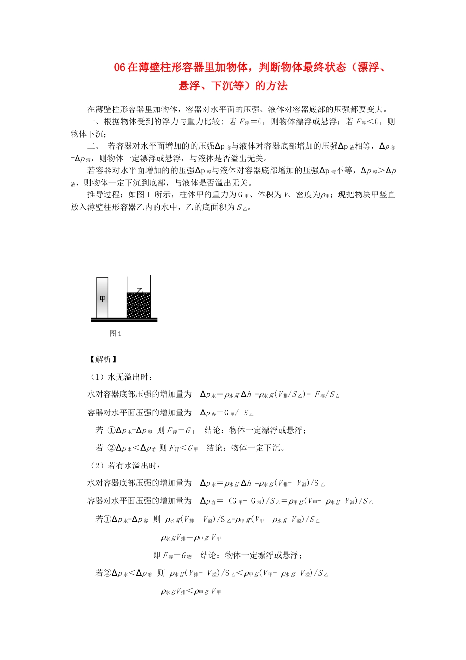中考物理备考复习资料汇编 专题05 压强计算题(培优题)判断是否有液体溢出的方法(二)试卷_第1页