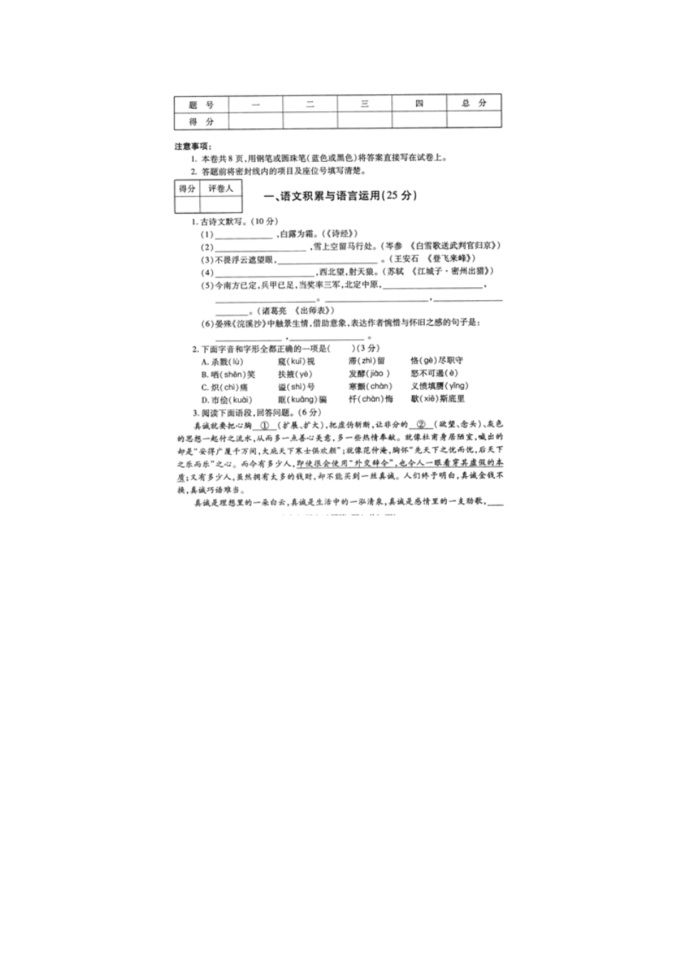 九年级语文上学期期中试卷(扫描版，无答案)试卷_第2页