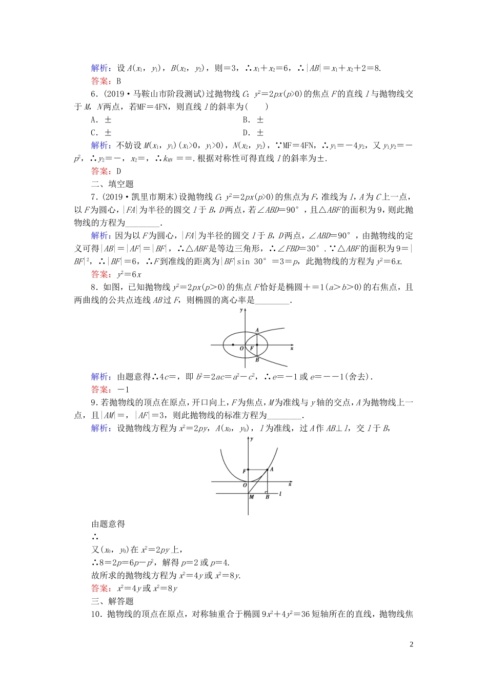 高中数学 第2章 圆锥曲线与方程 2.4.2 抛物线的简单几何性质 第一课时 抛物线的简单几何性质练习 新人教A版选修2-1-新人教A版高二选修2-1数学试题_第2页