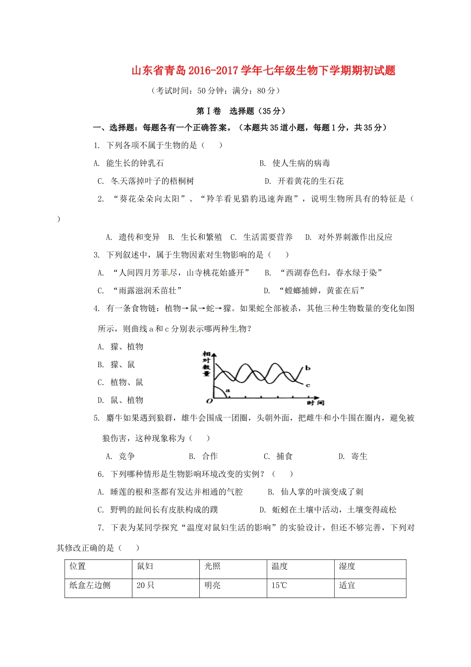 山东省青岛七年级生物下学期期初试卷试卷_第1页