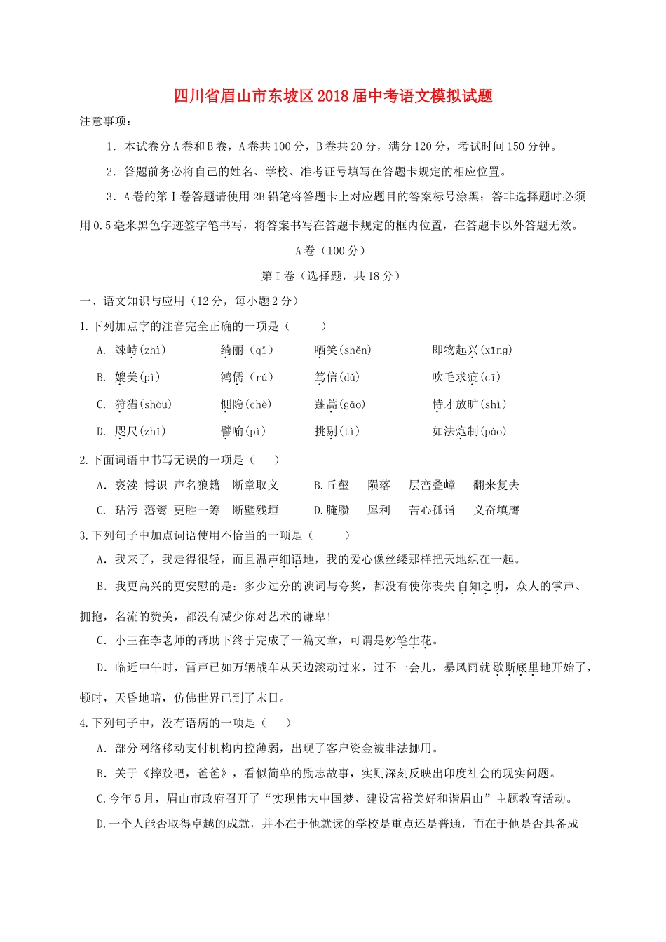 四川省眉山市东坡区届中考语文模拟试卷_第1页