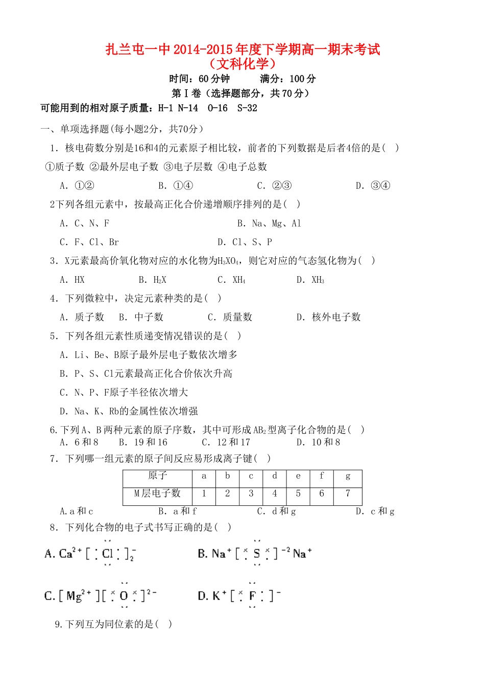 内蒙古呼伦贝尔市扎兰屯市一中高一化学下学期期末考试试题 文-人教版高一全册化学试题_第1页