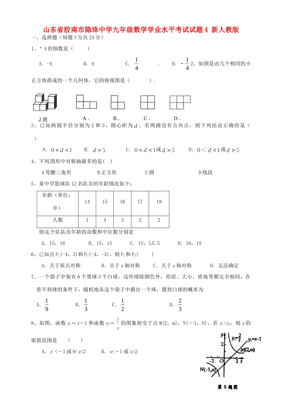 九年级数学学业水平考试试卷4(答案不全) 新人教版试卷_第1页