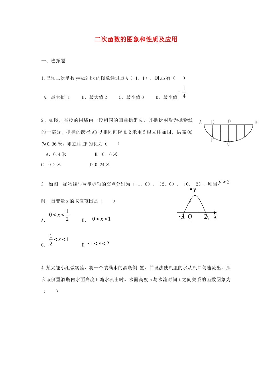 中考精华题考点15 二次函数的图象和性质及应用试卷_第1页