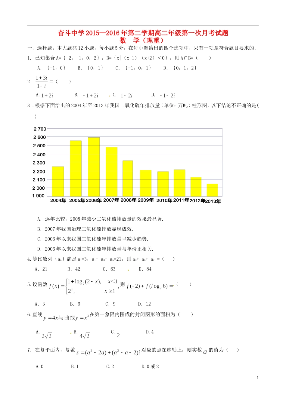 高二数学下学期第一次月考试题（理重）-人教版高二全册数学试题_第1页