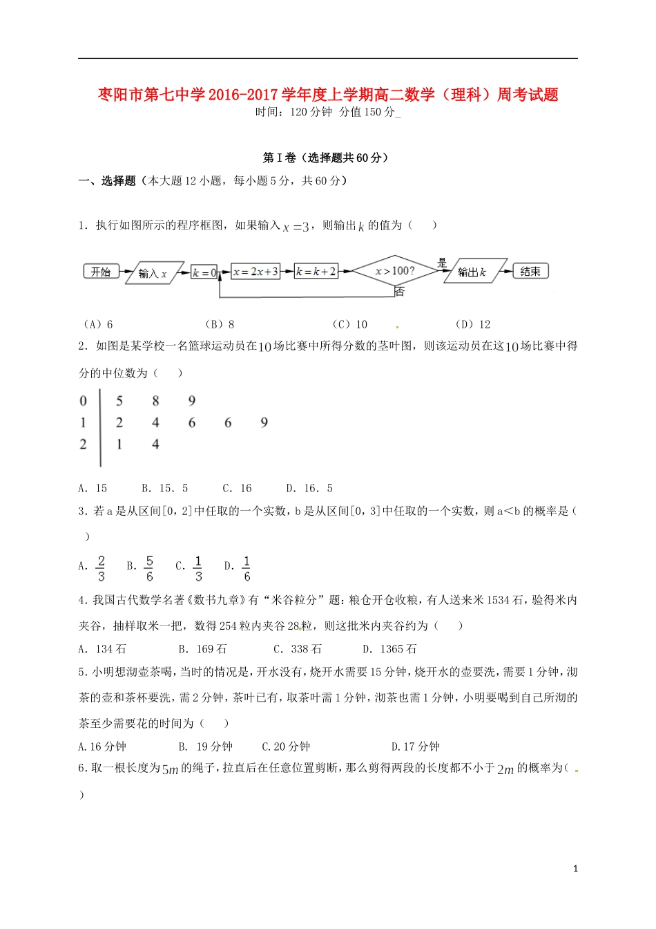 高二数学上学期周考试题 理-人教版高二全册数学试题_第1页