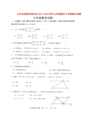 山东省淄博市周村区七年级数学下学期期中试卷(扫描版，无答案) 鲁教版五四制试卷