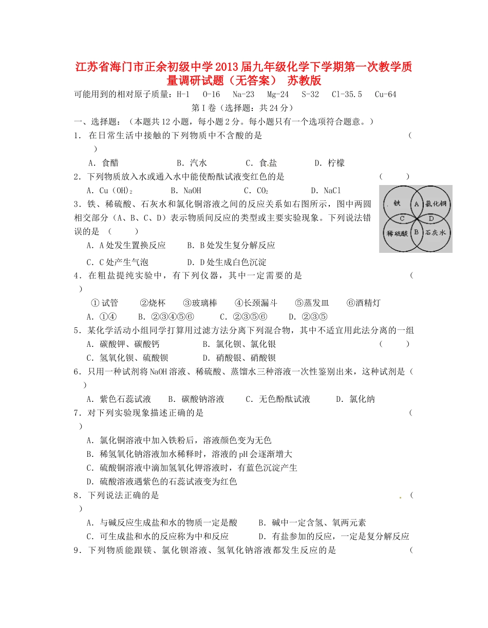 九年级化学下学期第一次教学质量调研试卷 苏教版试卷_第1页