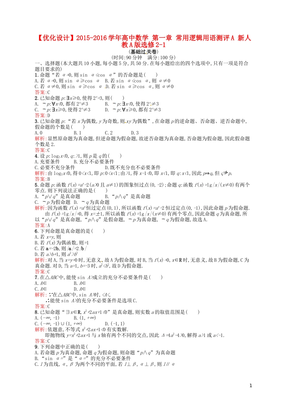 高中数学 第一章 常用逻辑用语测评A 新人教A版选修2-1-新人教A版高二选修2-1数学试题_第1页