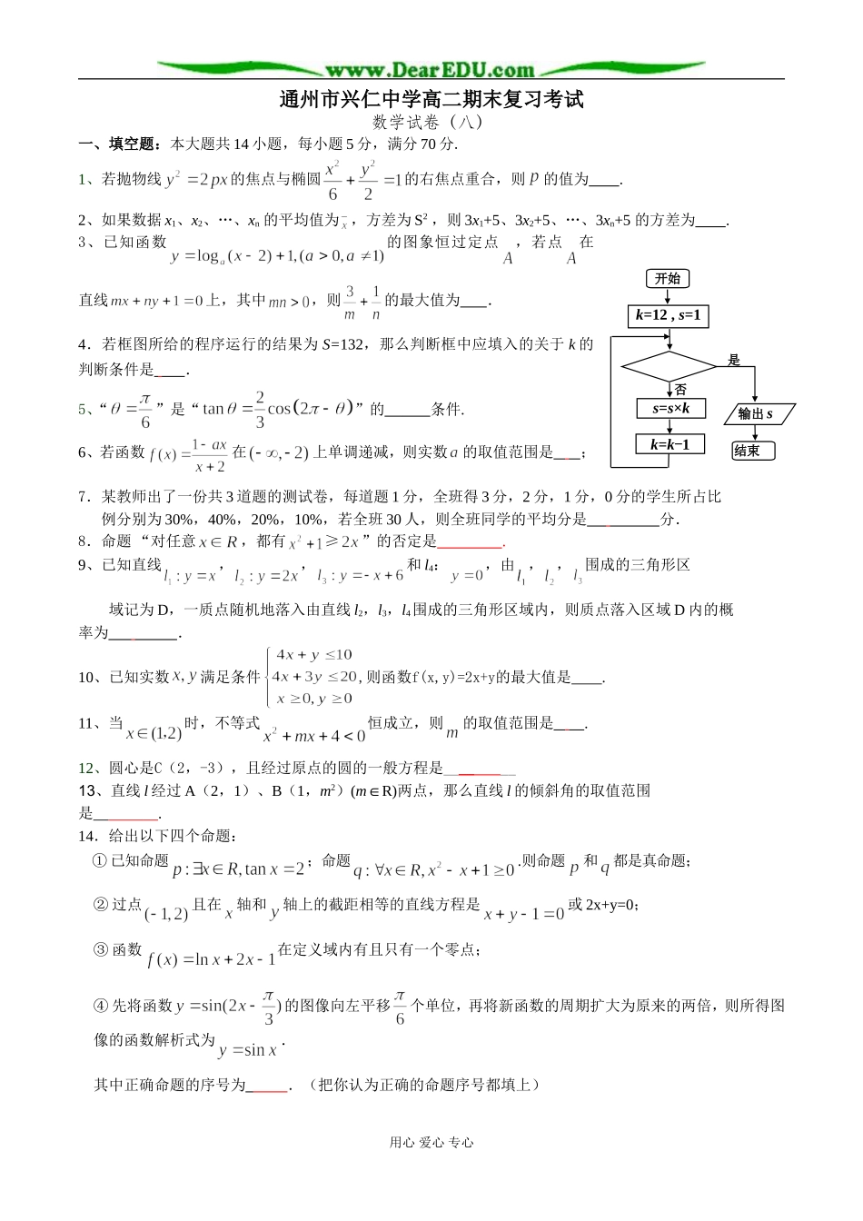 通州市兴仁中学高二数学期末模拟试卷(八)_第1页