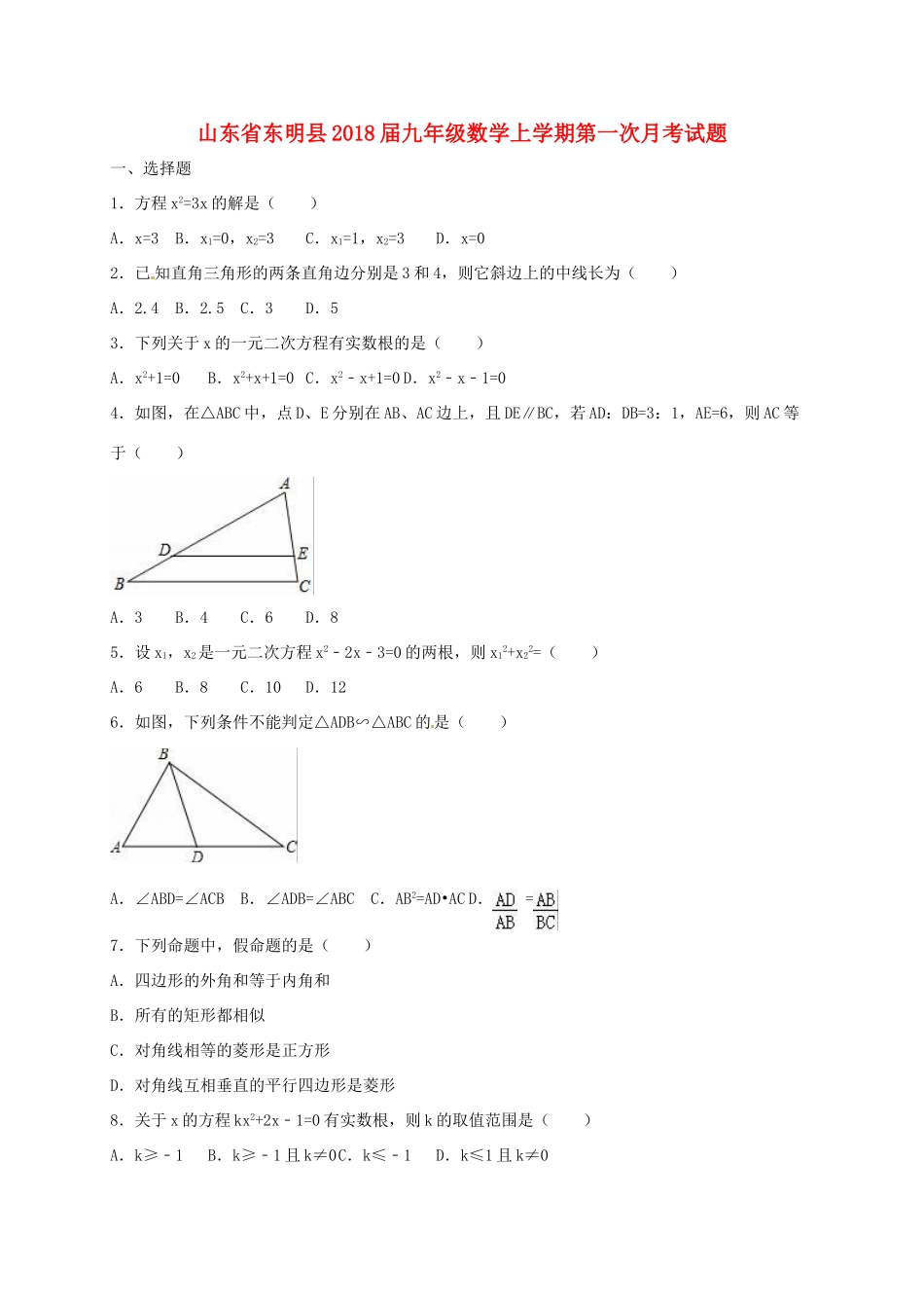 山东省东明县九年级数学上学期第一次月考试卷 新人教版试卷_第1页