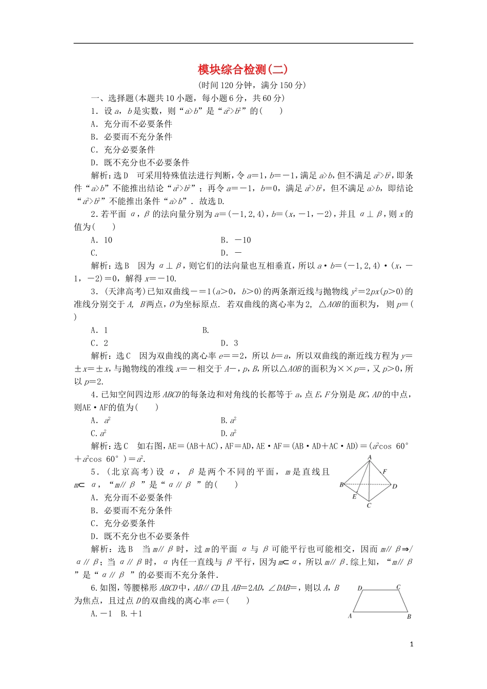 高中数学 模块综合检测（二）（含解析）新人教A版选修2-1-新人教A版高二选修2-1数学试题_第1页