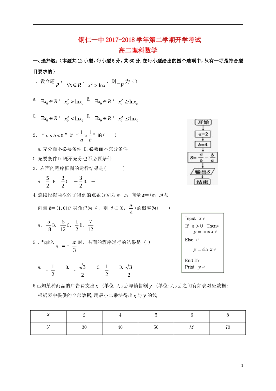 贵州省铜仁市高二数学下学期开学考试试题 理-人教版高二全册数学试题_第1页