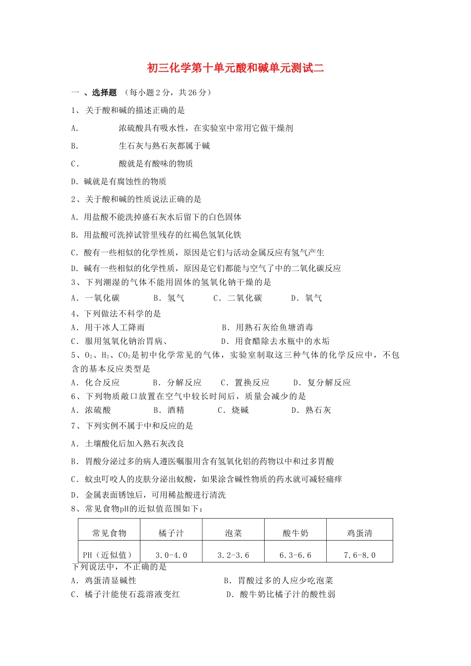 初三化学第十单元酸和碱单元测试二 试题_第1页