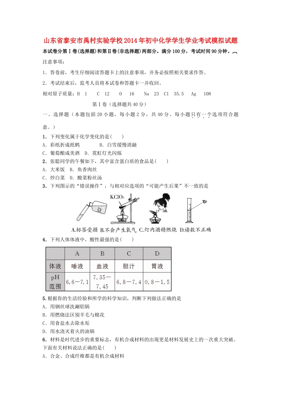 初中化学学生学业考试模拟试题(无答案) 试题_第1页