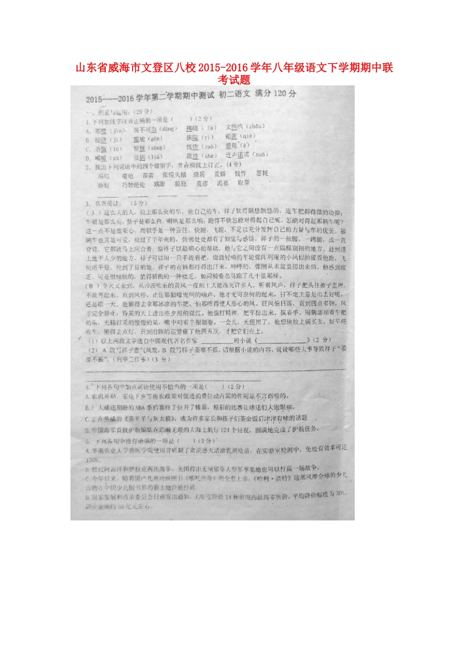 山东省威海市文登区八校 八年级语文下学期期中联考试卷鲁教版试卷_第1页