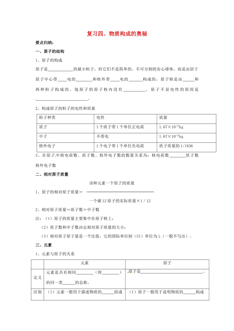九年级上册 第四单元 物质构成的奥秘 人教新课标版试卷_第1页
