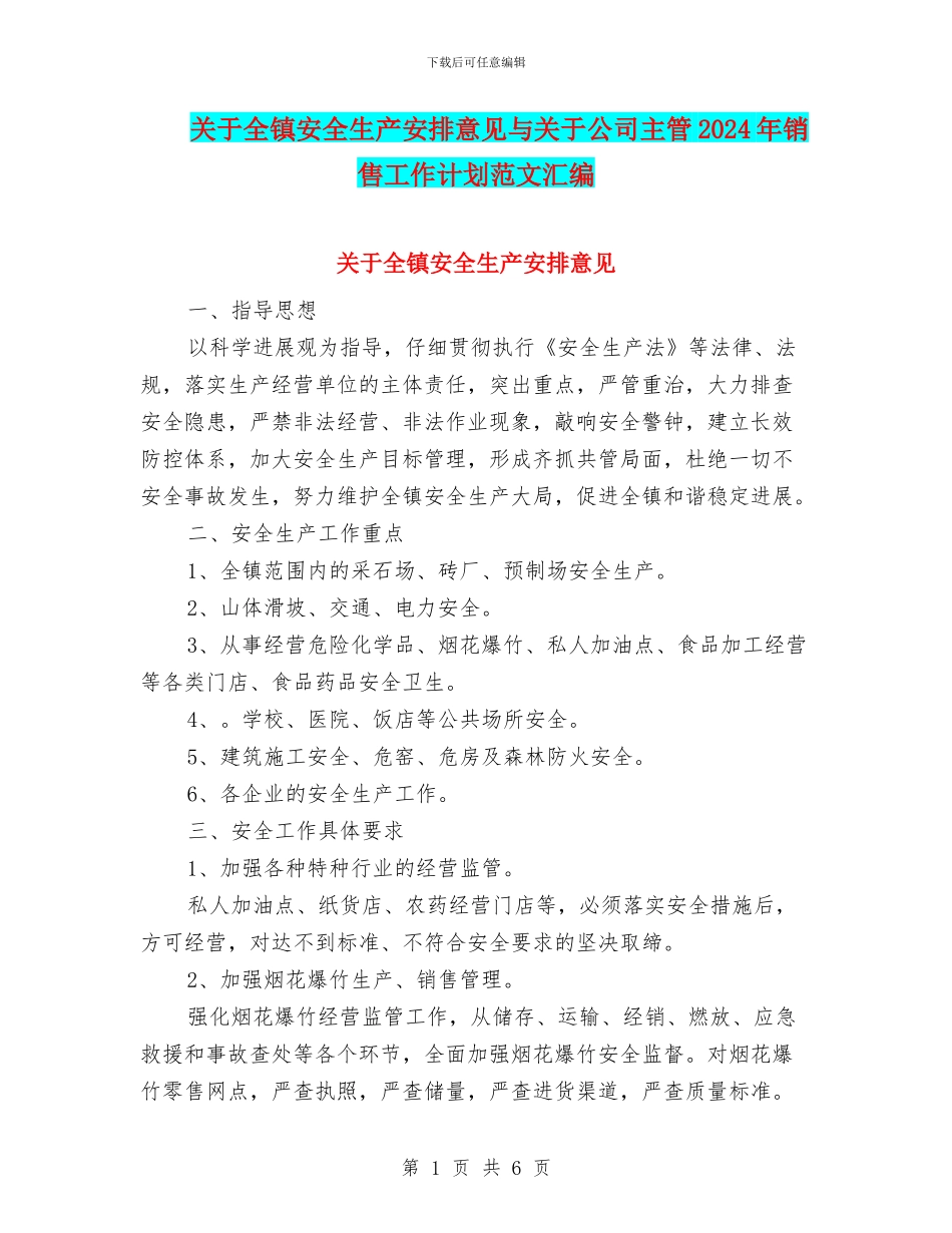 关于全镇安全生产安排意见与关于公司主管2024年销售工作计划范文汇编_第1页