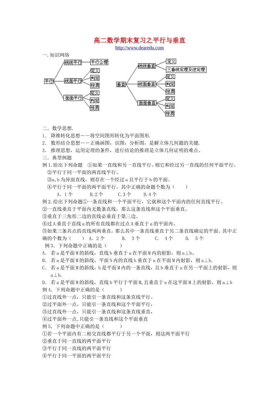 高二数学期末复习之平行与垂直 新课标 人教版_第1页