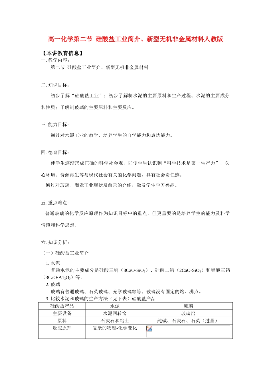 高一化学第二节  硅酸盐工业简介、新型无机非金属材料人教版知识精讲_第1页