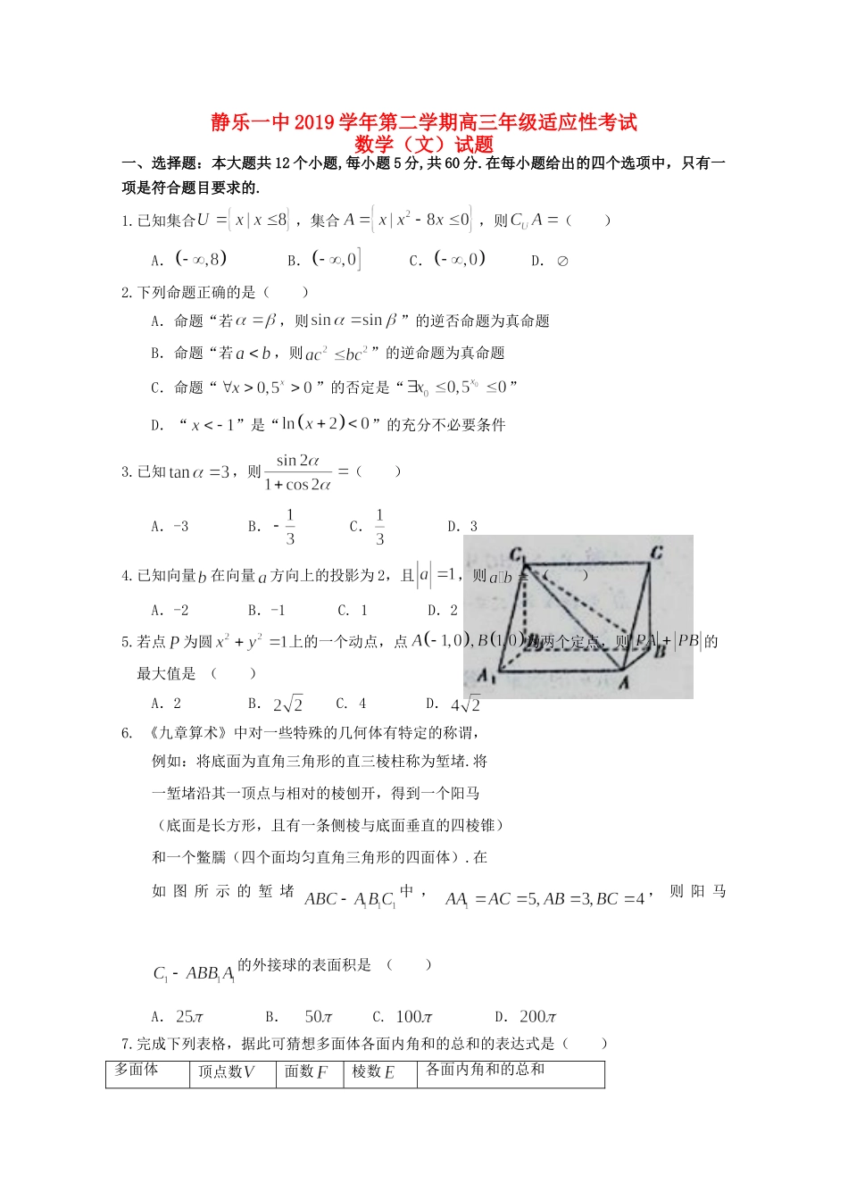 山西省忻州市静乐一中高三数学适应性考试试卷 文试卷_第1页