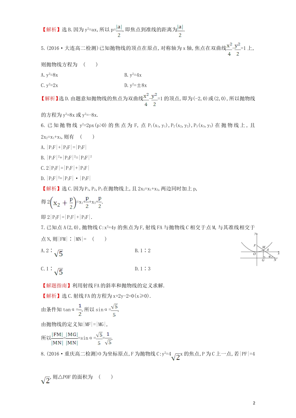 高中数学 第二章 圆锥曲线与方程 2.3 抛物线 课后提升作业（十五）2.3.1 抛物线及其标准方程检测（含解析）新人教A版选修1-1-新人教A版高二选修1-1数学试题_第2页