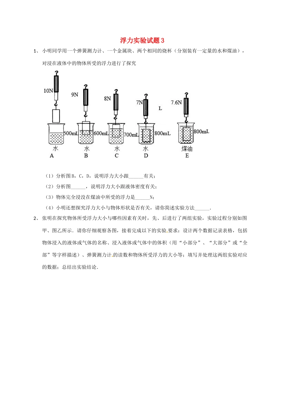 吉林省吉林市中考物理总复习 浮力实验试卷3 新人教版试卷_第1页