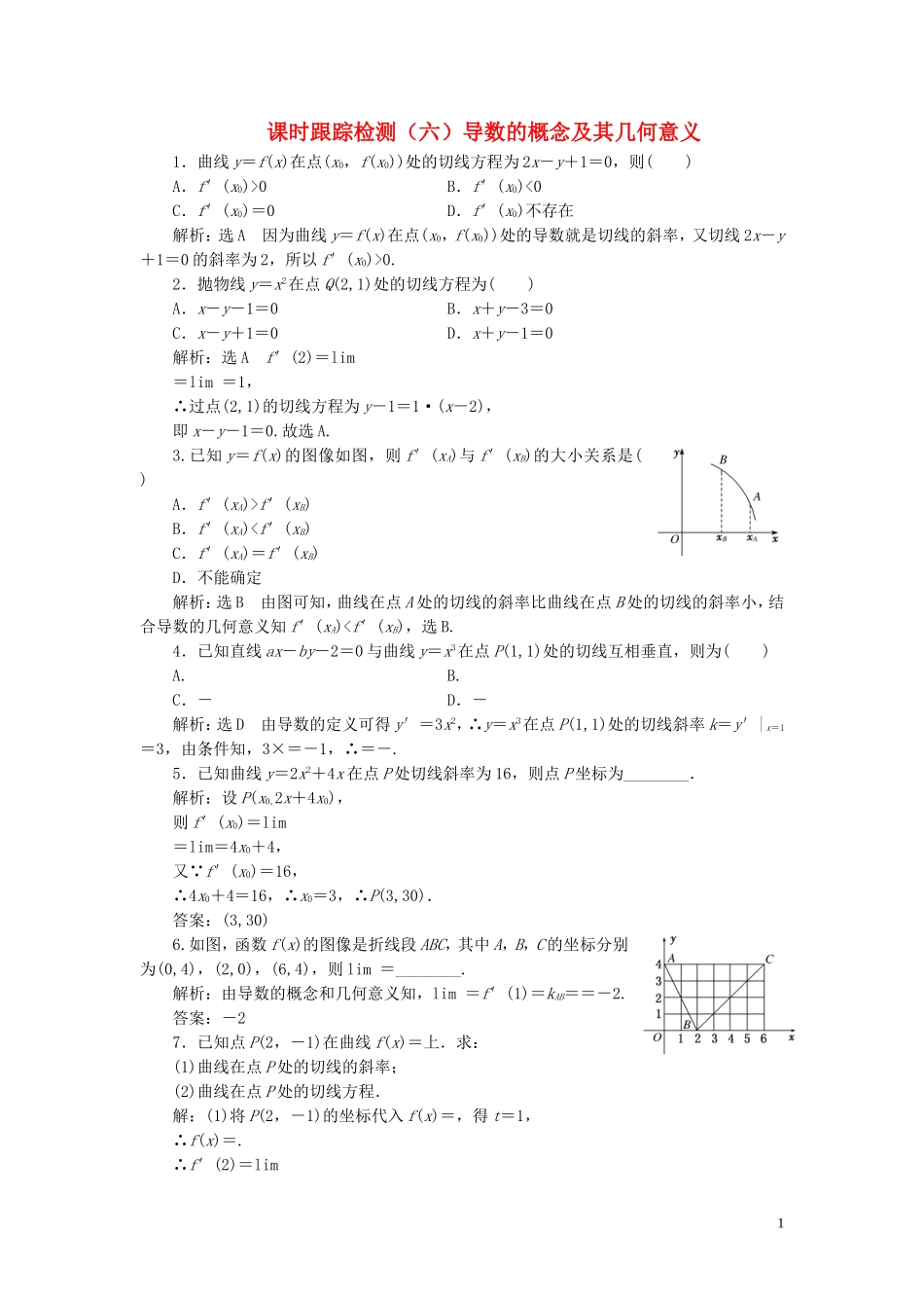 高中数学 课时跟踪检测（六）导数的概念及其几何意义（含解析）北师大版选修2-2-北师大版高二选修2-2数学试题_第1页