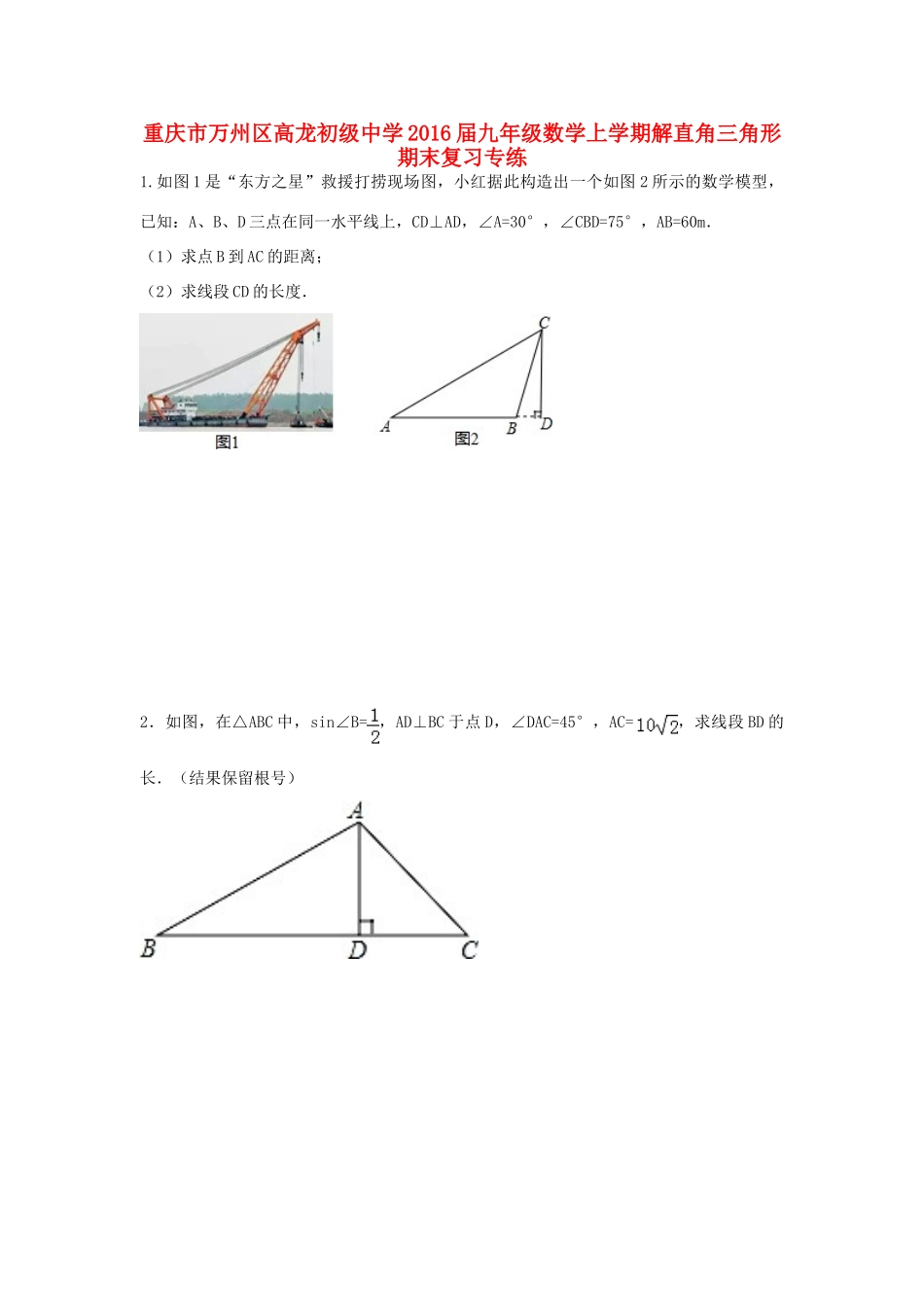 九年级数学上学期解直角三角形期末复习专练 华东师大版试卷_第1页