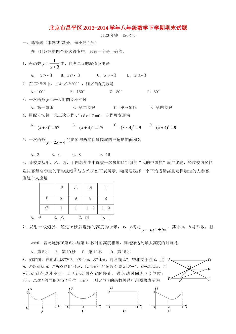 北京市昌平区八年级数学下学期期末试题(无答案) 新人教版 试题_第1页