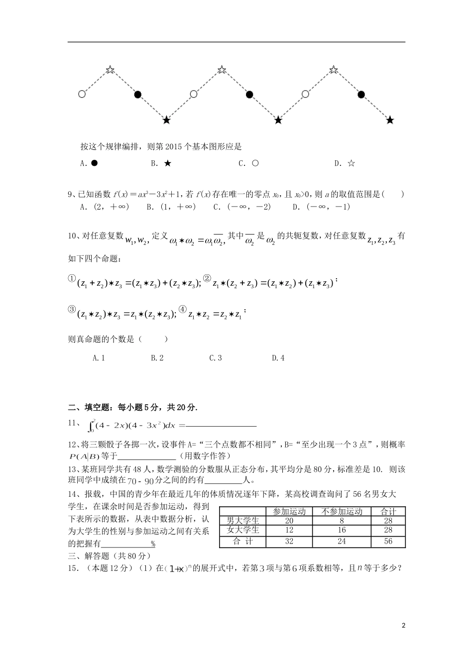 高二数学第二次段考试题 理-人教版高二全册数学试题_第2页